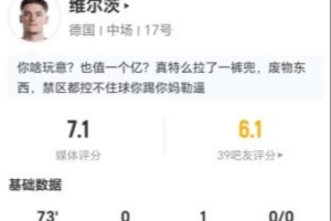 维尔茨此役贡献1次助攻2次关键传球，射门3次无进球，过人5次成功4次夺回球权，得分7.1分
