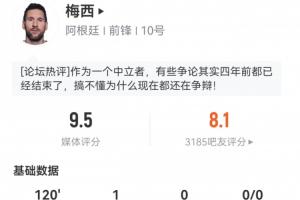 梅西全场表现：评分高达9.5分！射门、精准传球、突破和对抗均为全场最高