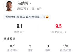 乌纳希全场表现：两射两正两进球，吧友评分9.5分