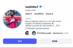 佛得角门将沃齐尼亚粉丝数激增400倍,世界杯前夕粉丝量已达2000万,此前仅5万