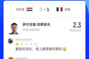 2.3分！吧友评价法国对巴拉圭比赛主裁：最脏球队遇最瞎裁判