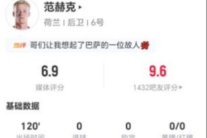 血染赛场！范赫克此役2次解围2次拦截4次抢断 13次对抗成功9次+1次长传成功