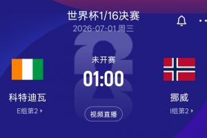 1/16决赛挪威对阵科特迪瓦 胜者将与巴西或日本胜者会师16强