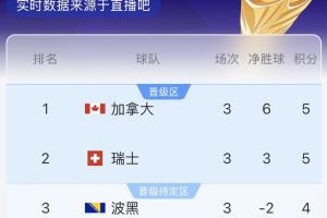 B组半场实时得分：加拿大领跑，瑞士紧随其后，波黑以4分位居第三，卡塔尔排名最后
