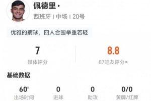 佩德里此役射门数为0，贡献1次关键传球，对抗成功率9对7，抢断3次，制造犯规3次，评分7分