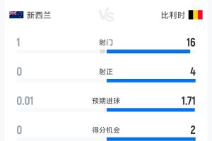 新西兰0-1比利时半场数据：射门次数1-16次，射正次数0-4次，预期进球数0.01-1.71