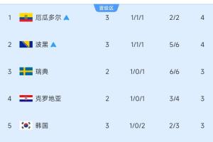 10进6！小组第三积分榜上，厄瓜多尔、波黑锁定出线，韩国降至第5位！